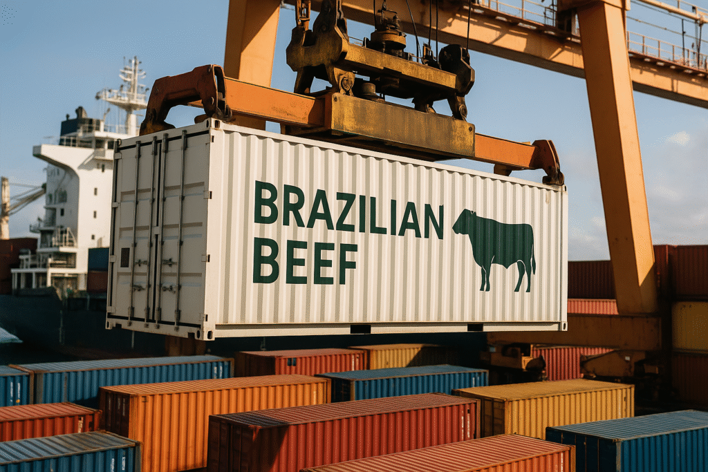 Contêiner de exportação no porto sendo embarcado em navio cargueiro, com destaque para a inscrição “Brazilian Beef” e ilustração de boi Angus, simbolizando a exportação de carne bovina premium do Brasil para o mercado internacional.