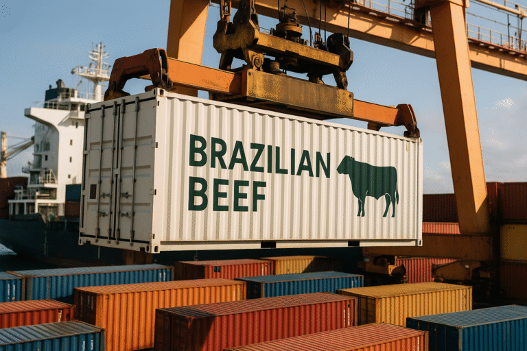 Contêiner de exportação no porto sendo embarcado em navio cargueiro, com destaque para a inscrição “Brazilian Beef” e ilustração de boi Angus, simbolizando a exportação de carne bovina premium do Brasil para o mercado internacional.